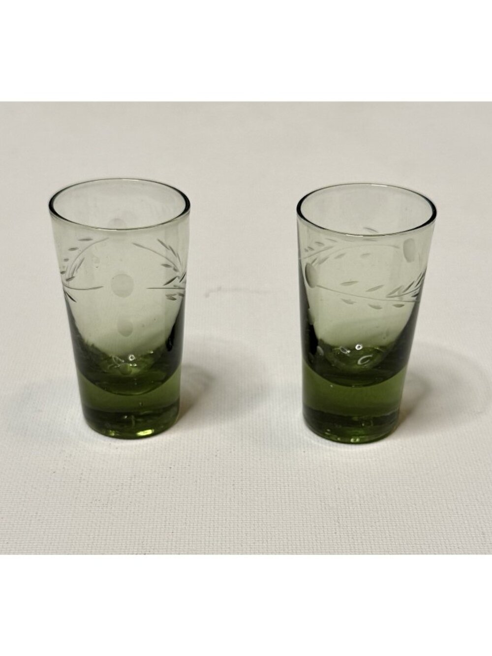 2 pc Avocado Green Floral Shot Glasses Vintage Etched Glass Mid Century Barware